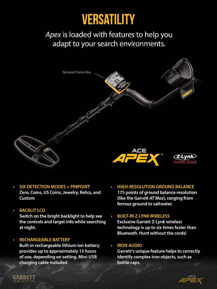 GARRETT ACE Apex with 8.5" x 11" DD Multi-Flex™ Raider Search coil (Basic Package) - Treasure Coast Metal Detectors