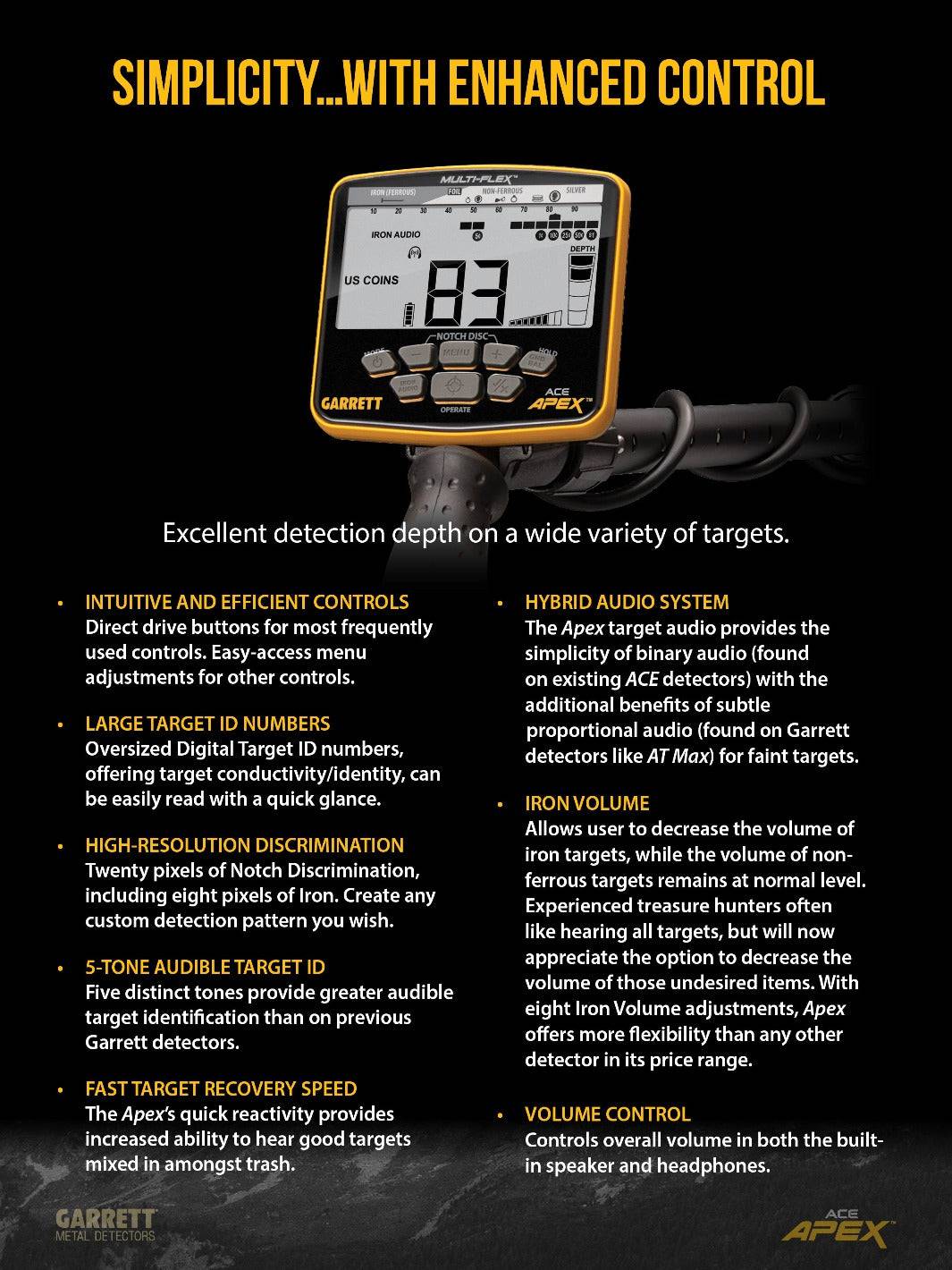 GARRETT ACE Apex with 8.5" x 11" DD Multi-Flex™ Raider Search coil (Basic Package) - Treasure Coast Metal Detectors