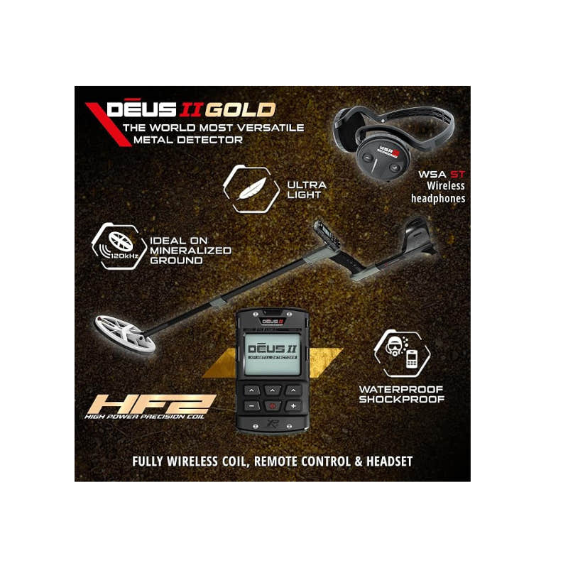 XP DEUS II Gold Metal Detector with 9.5" × 5" HF2 Coil, Remote & WSA-ST Headphones
