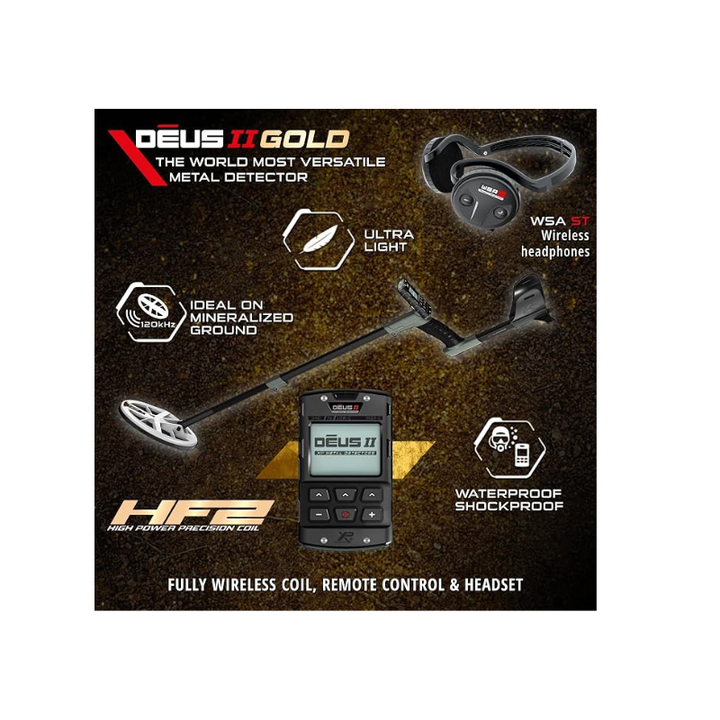 XP DEUS II Gold Metal Detector with 9.5" × 5" HF2 Coil, Remote & WSA-ST Headphones