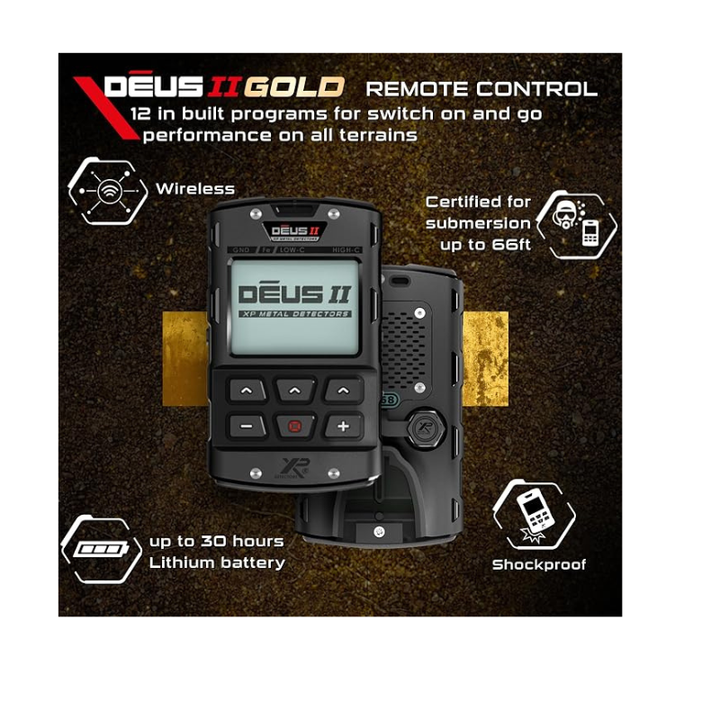XP DEUS II Gold Metal Detector with 9.5" × 5" HF2 Coil, Remote & WSA-ST Headphones