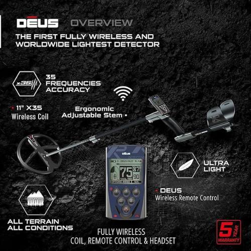 XP Deus RC Wireless Waterproof Metal Detector With 11" Searchcoil and WS5 Headphones